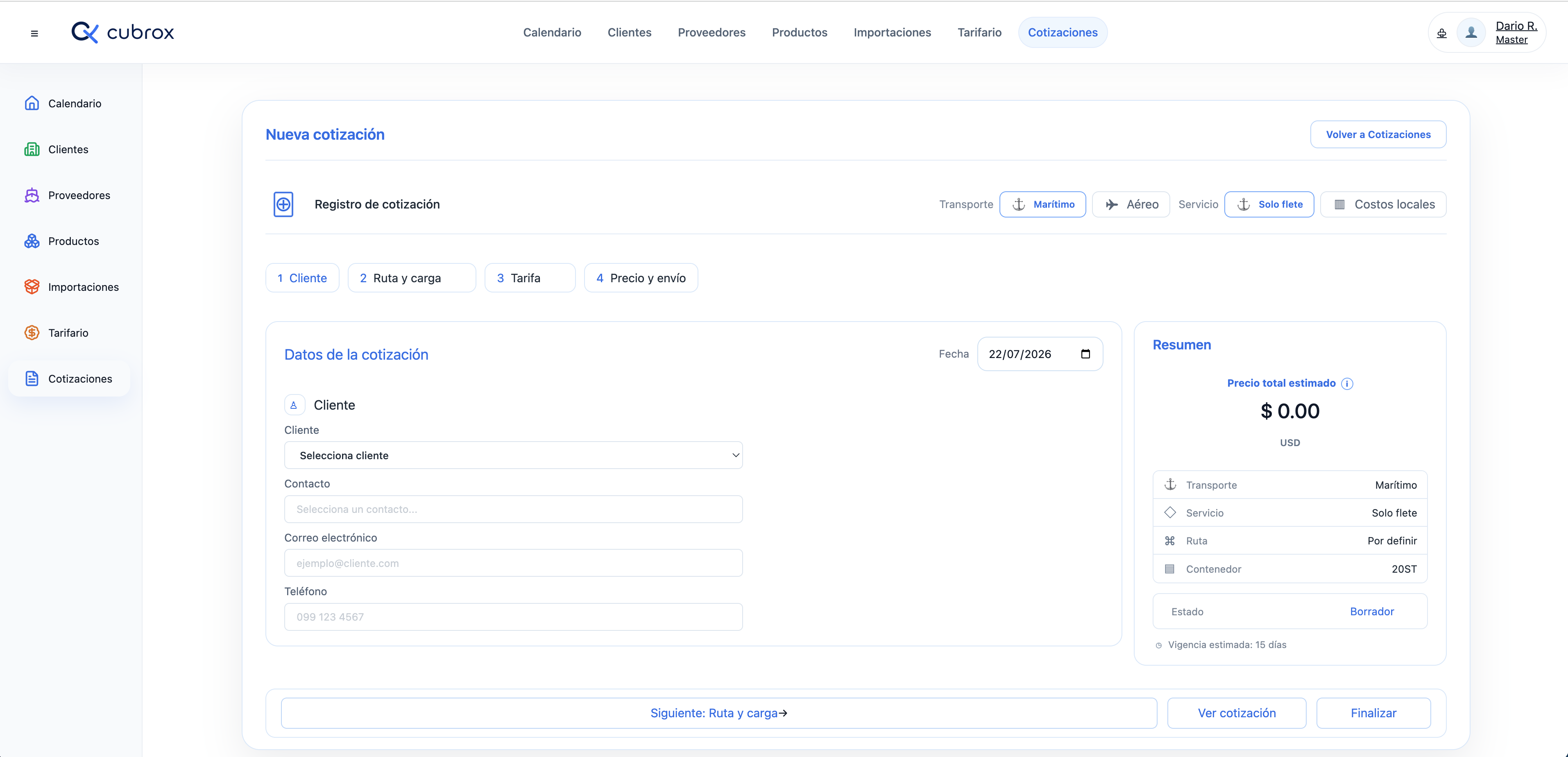 Nueva cotización de embarques en Cubrox